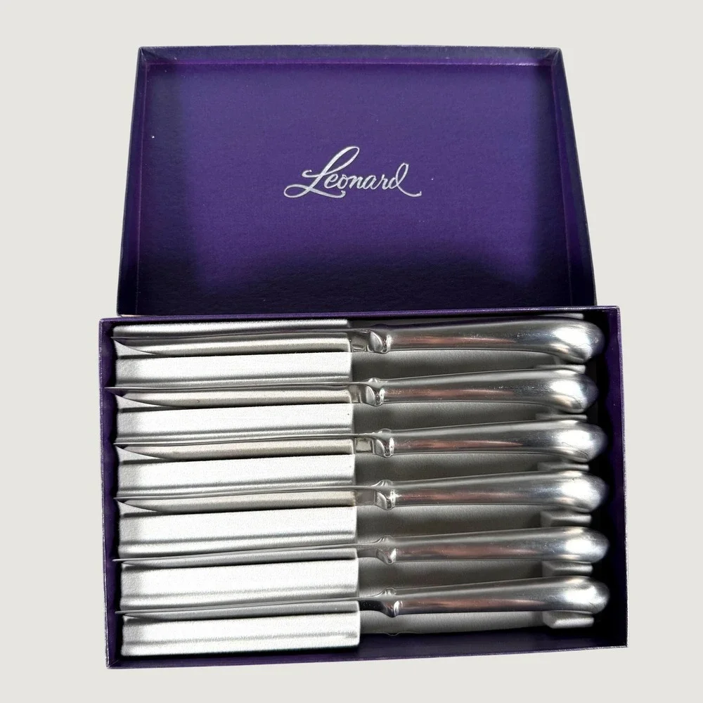 Leonard Silver Steak Knife Set 6pc Serrated Pistol Grip Stainless Steel Vintage